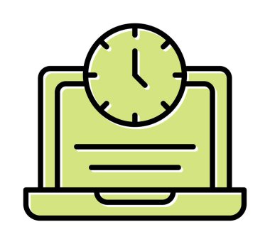 Saat simgesi olan dizüstü bilgisayar, vektör illüstrasyonu. Fazla çalışma kavramı                