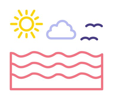 Uçan martılar ikonuyla güneş ve denizin vektör çizimi 