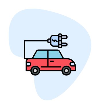 Elektrikli araba ikonu. Elektrikli otomobil ve şarj sembolü. Çevre dostu elektro araç konsepti. Vektör illüstrasyonu 