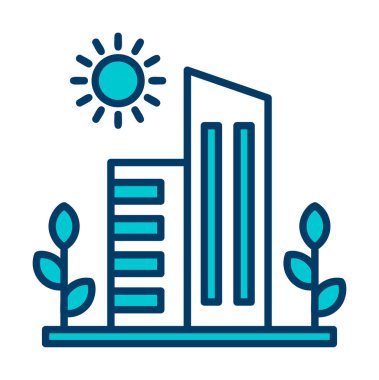 Güneş, bitkiler ve binalar vektör çizimi. Yeşil Şehir kavramı                            