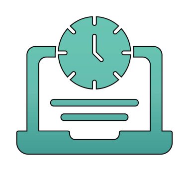 Saat simgesi olan dizüstü bilgisayar, vektör illüstrasyonu. Fazla çalışma kavramı                