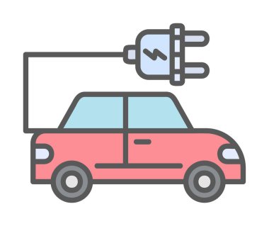 Elektrikli araba ikonu. Elektrikli otomobil ve şarj sembolü. Çevre dostu elektro araç konsepti. Vektör illüstrasyonu 