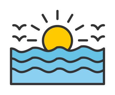 Uçan martılar ikonuyla güneş ve denizin vektör çizimi 