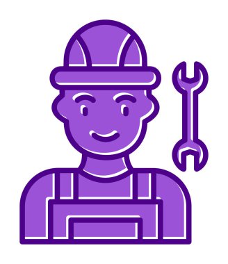 Araba tamircisi ikonu. Ağ için ingiliz anahtarı ve sert başlıklı vektör simgelerine sahip insan tasviri