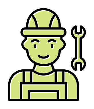 Araba tamircisi ikonu. Ağ için ingiliz anahtarı ve sert başlıklı vektör simgelerine sahip insan tasviri