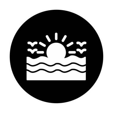 Uçan martılar ikonuyla güneş ve denizin vektör çizimi 