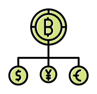 Bitcoin, dolar, avro ve yen sembollü para birimi yapısı 