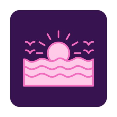 Uçan martılar ikonuyla güneş ve denizin vektör çizimi 