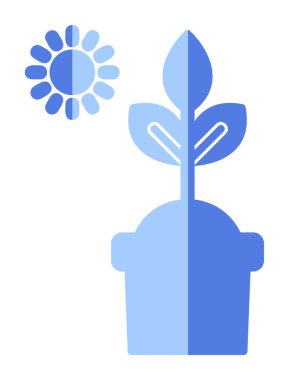 Güneş ve bitki saksı ikonunda. Vektör çizimi. Fotosentez sembolü 