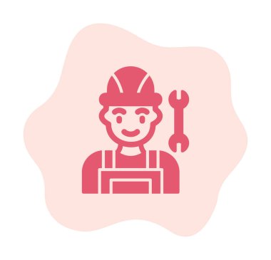 Araba tamircisi ikonu. Ağ için ingiliz anahtarı ve sert başlıklı vektör simgelerine sahip insan tasviri