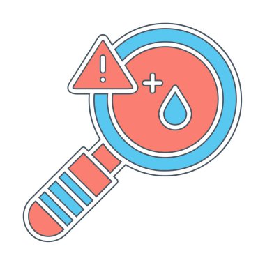 Büyüteç ve kan testi ikonu vektörü. Kan laboratuarı damlası