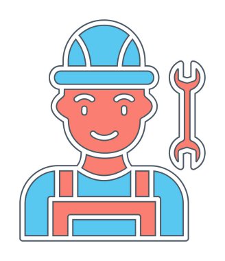 Araba tamircisi ikonu. Ağ için ingiliz anahtarı ve sert başlıklı vektör simgelerine sahip insan tasviri