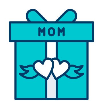 Anneler günü simgesi, kırmızı kalpli hediye kutusu ve anne metni, vektör düz simgesi 