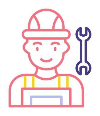 Araba tamircisi ikonu. Ağ için ingiliz anahtarı ve sert başlıklı vektör simgelerine sahip insan tasviri