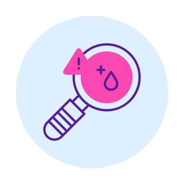 Büyüteç ve kan testi ikonu vektörü. Kan laboratuarı damlası