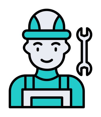 Araba tamircisi ikonu. Ağ için ingiliz anahtarı ve sert başlıklı vektör simgelerine sahip insan tasviri