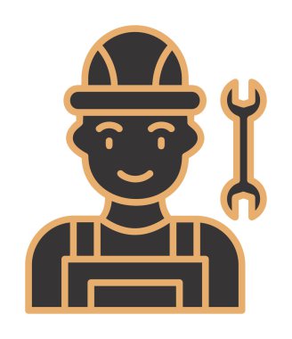 Araba tamircisi ikonu. Ağ için ingiliz anahtarı ve sert başlıklı vektör simgelerine sahip insan tasviri