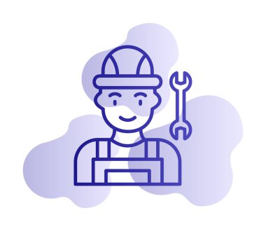 Araba tamircisi ikonu. Ağ için ingiliz anahtarı ve sert başlıklı vektör simgelerine sahip insan tasviri