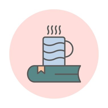sıcak çay ve kitap simgesi, ana hatlı biçim vektör çizimi tasarımı