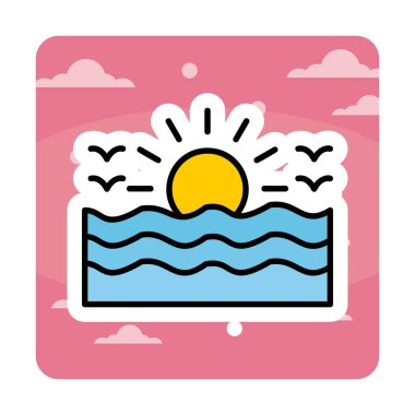 Uçan martılar ikonuyla güneş ve denizin vektör çizimi 