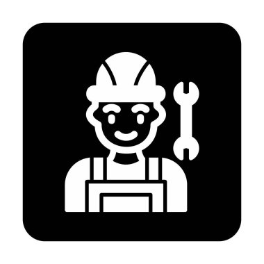 Araba tamircisi ikonu. Ağ için ingiliz anahtarı ve sert başlıklı vektör simgelerine sahip insan tasviri