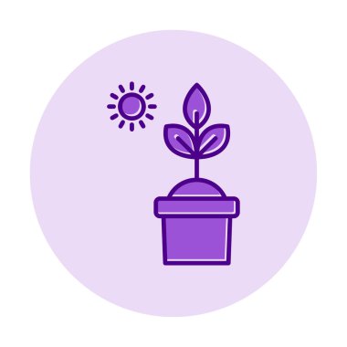 Güneş ve bitki saksı ikonunda. Vektör çizimi. Fotosentez sembolü 