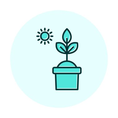 Güneş ve bitki saksı ikonunda. Vektör çizimi. Fotosentez sembolü 