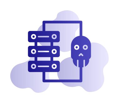 veri merkezi ve Hacking vektör çizgisi simgesi, arkaplanda resimleme imzası