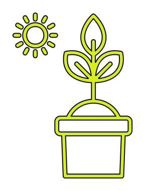 Güneş ve bitki saksı ikonunda. Vektör çizimi. Fotosentez sembolü 