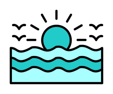 Uçan martılar ikonuyla güneş ve denizin vektör çizimi 