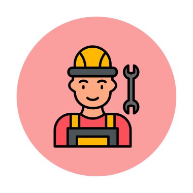 Araba tamircisi ikonu. Ağ için ingiliz anahtarı ve sert başlıklı vektör simgelerine sahip insan tasviri