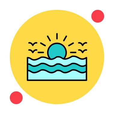 Uçan martılar ikonuyla güneş ve denizin vektör çizimi 