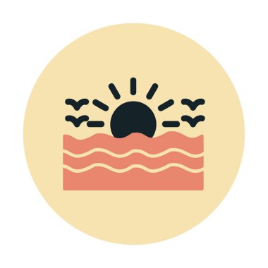 Uçan martılar ikonuyla güneş ve denizin vektör çizimi 