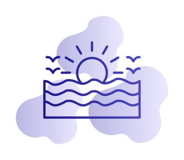 Uçan martılar ikonuyla güneş ve denizin vektör çizimi 