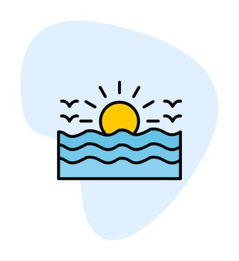 Uçan martılar ikonuyla güneş ve denizin vektör çizimi 