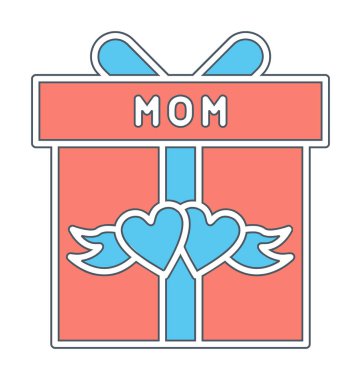 Anneler günü simgesi, kırmızı kalpli hediye kutusu ve anne metni, vektör düz simgesi 