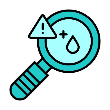 Büyüteç ve kan testi ikonu vektörü. Kan laboratuarı damlası