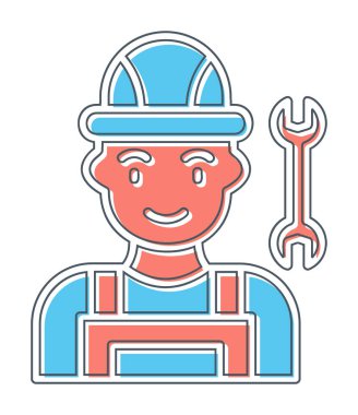 Araba tamircisi ikonu. Ağ için ingiliz anahtarı ve sert başlıklı vektör simgelerine sahip insan tasviri