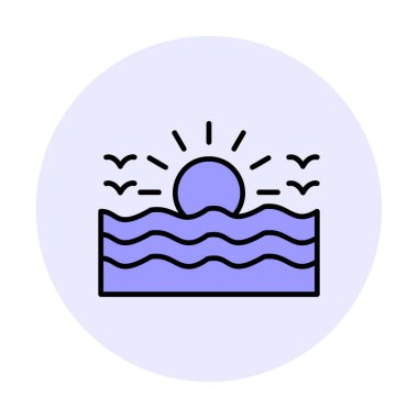 Uçan martılar ikonuyla güneş ve denizin vektör çizimi 