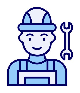 Araba tamircisi ikonu. Ağ için ingiliz anahtarı ve sert başlıklı vektör simgelerine sahip insan tasviri