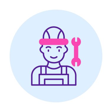 Araba tamircisi ikonu. Ağ için ingiliz anahtarı ve sert başlıklı vektör simgelerine sahip insan tasviri