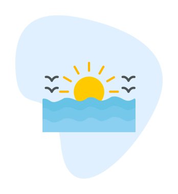 Uçan martılar ikonuyla güneş ve denizin vektör çizimi 