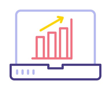 Dizüstü bilgisayar ekran simgesi üzerindeki bar grafiği, vektör illüstrasyonu