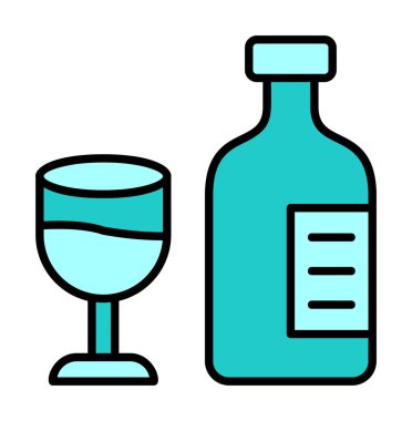 Şarap kadehi simgesi olan şişe, vektör illüstrasyonu 