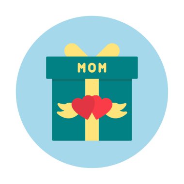 Anneler günü simgesi, kırmızı kalpli hediye kutusu ve anne metni, vektör düz simgesi 