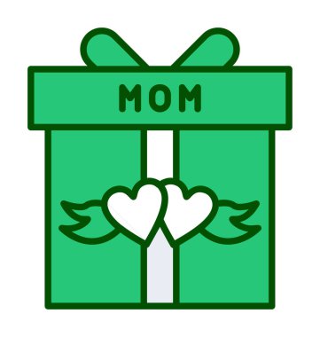 Anneler günü simgesi, kırmızı kalpli hediye kutusu ve anne metni, vektör düz simgesi 