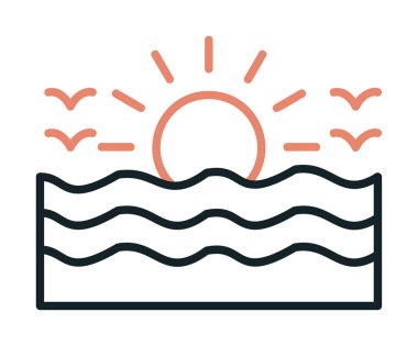 Uçan martılar ikonuyla güneş ve denizin vektör çizimi 