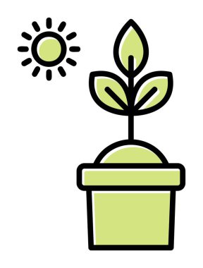 Güneş ve bitki saksı ikonunda. Vektör çizimi. Fotosentez sembolü 