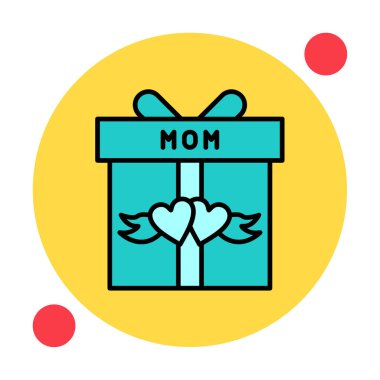 Anneler günü simgesi, kırmızı kalpli hediye kutusu ve anne metni, vektör düz simgesi 