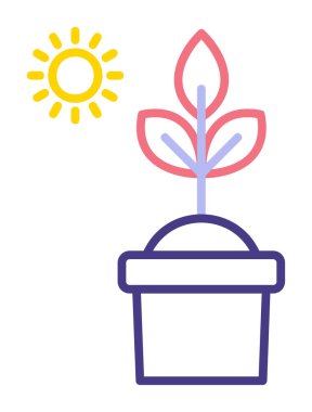 Güneş ve bitki saksı ikonunda. Vektör çizimi. Fotosentez sembolü 